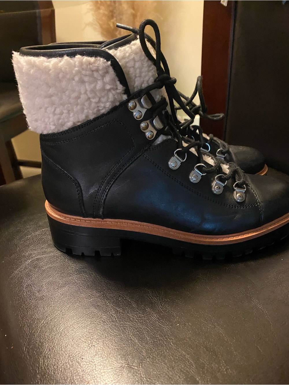 Women's Black Leather Shearling Collar Hiker Boots